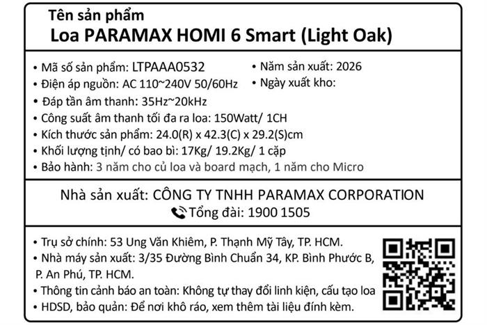 Cặp loa karaoke Paramax Homi 6 Smart Light Oak 300W Màu Nâu nhạt