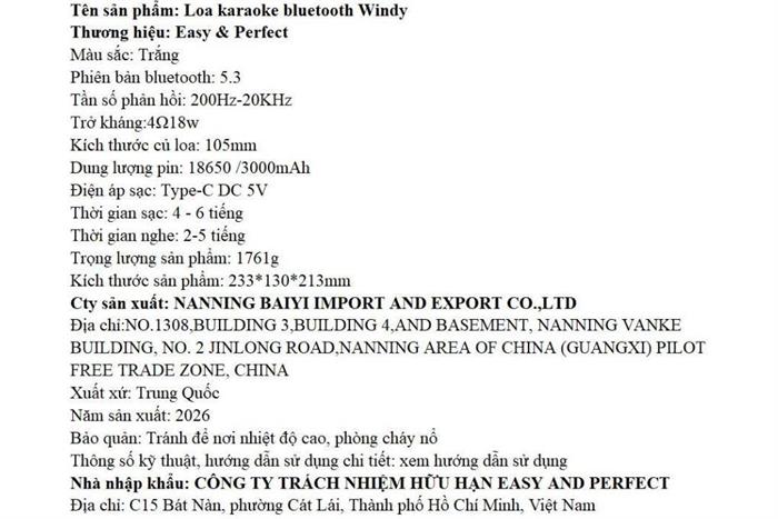 Loa karaoke xách tay Easy & Perfect EP-Windy 18W Màu Trắng