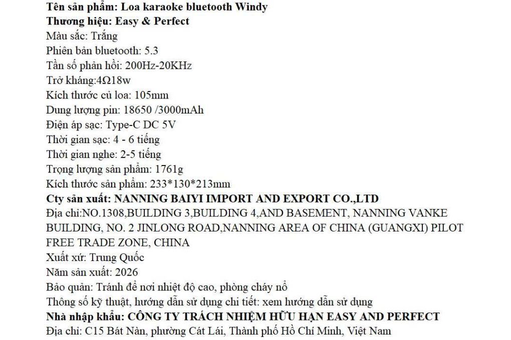 Loa karaoke xách tay Easy & Perfect EP-Windy 18W Màu Trắng