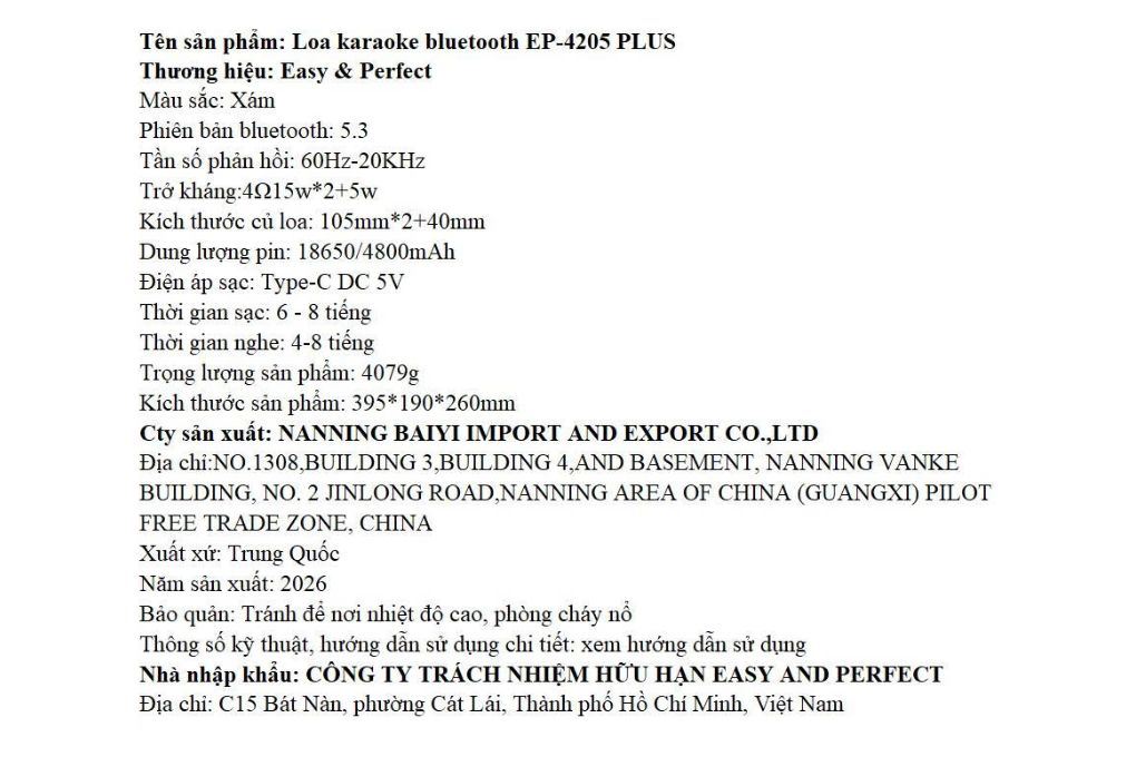 Loa karaoke xách tay Easy & Perfect EP-4205 Plus 35W Màu Xám