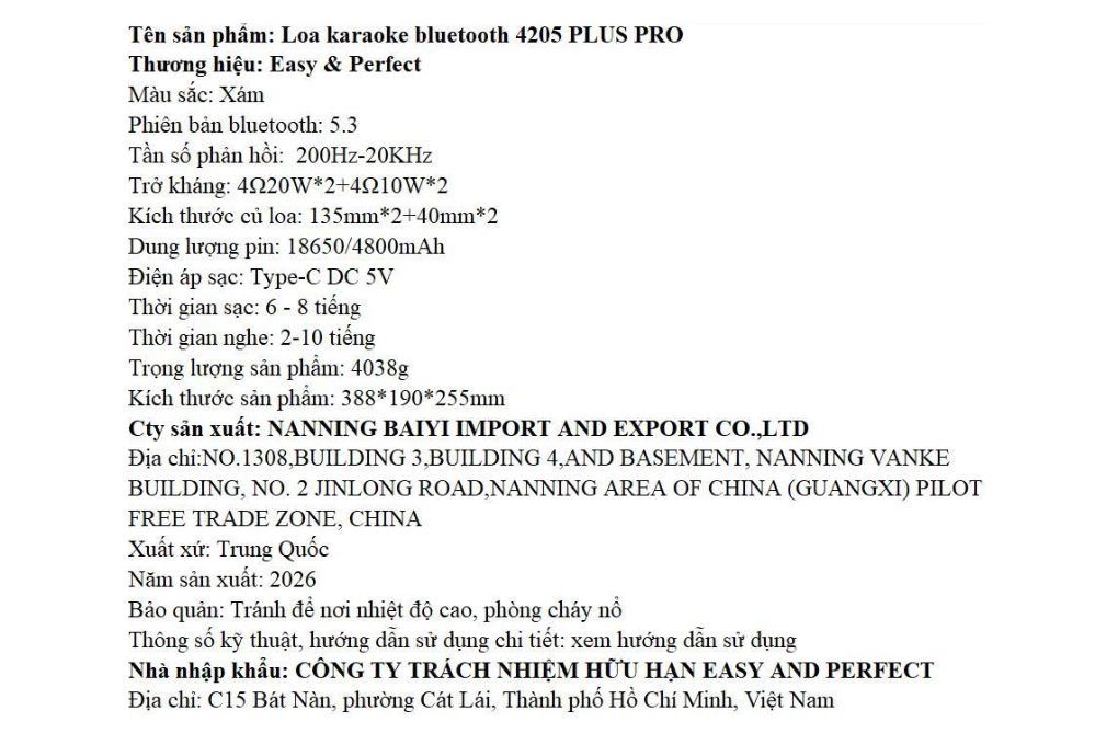 Loa karaoke xách tay Easy & Perfect EP-4205 Pro 60W Màu Xám