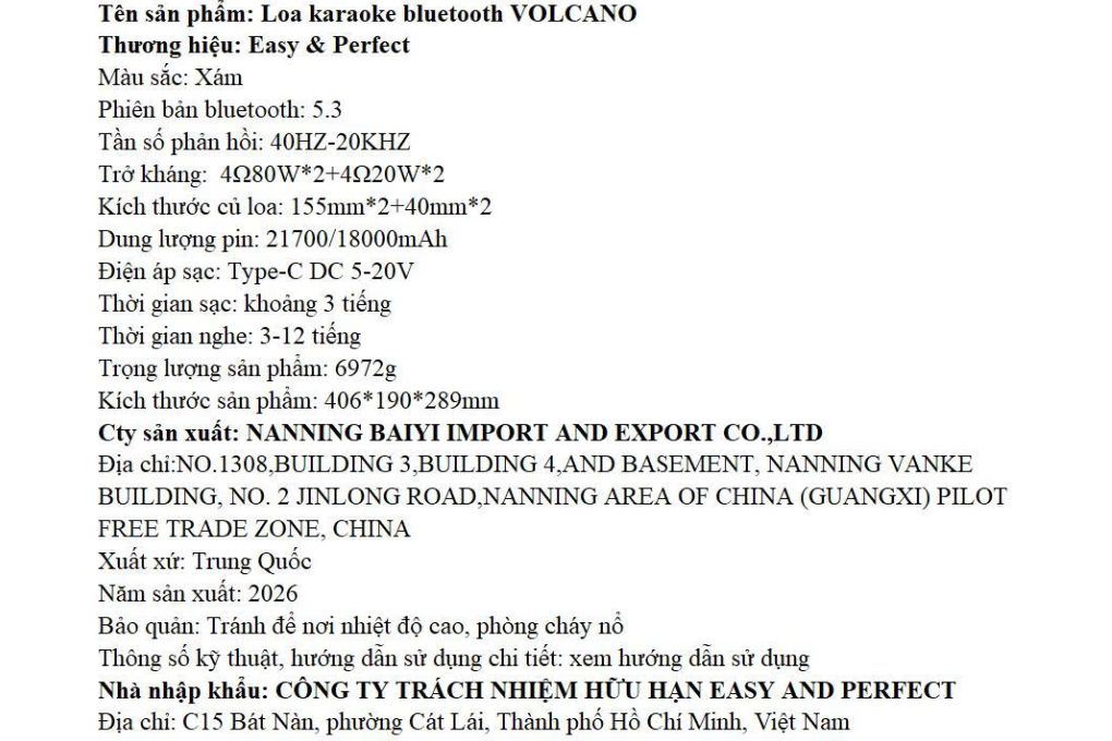 Loa karaoke xách tay Easy & Perfect EP-Volcano 200W Màu Xám