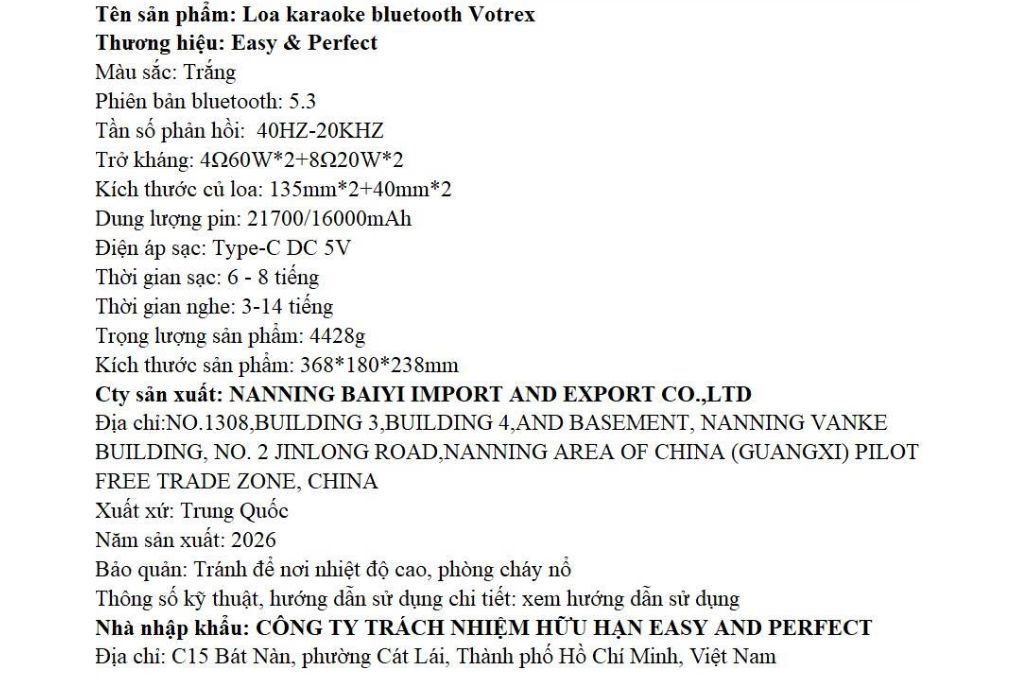 Loa karaoke xách tay Easy & Perfect EP-Votrex 160W - Trắng Màu Trắng