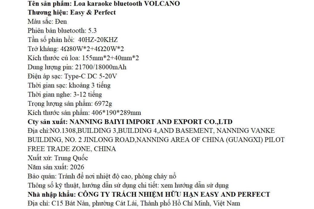 Loa karaoke xách tay Easy & Perfect EP-Volcano 200W - Đen Màu Đen