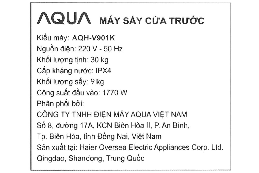 Máy sấy thông hơi Aqua 9 kg AQH-V901K PS Màu Đen