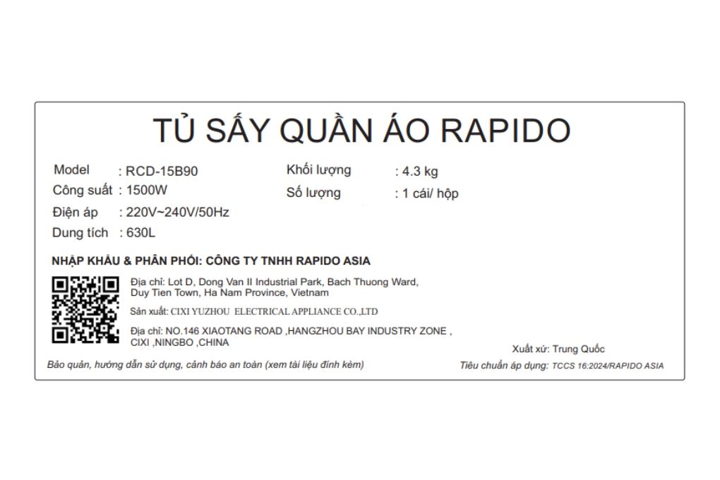 Tủ sấy quần áo Rapido 20 kg RCD-15B90 Màu Xanh than