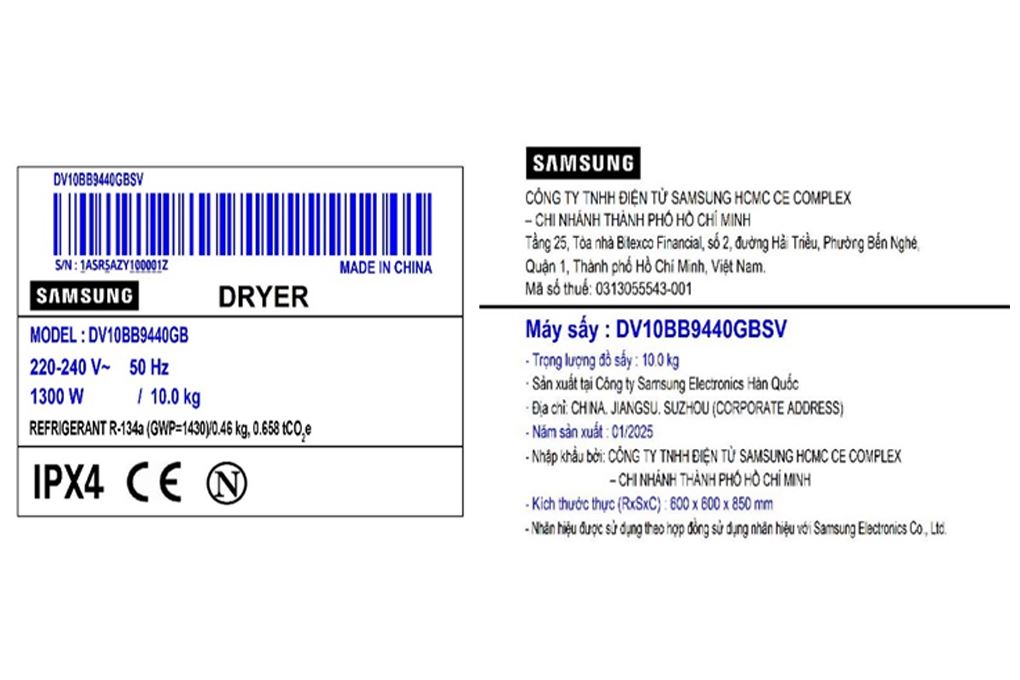 Máy sấy bơm nhiệt Samsung 10 Kg DV10BB9440GBSV Màu Đen