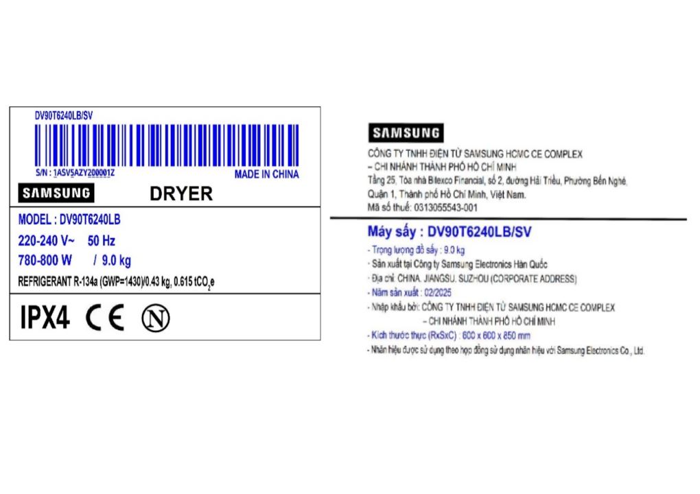 Máy sấy bơm nhiệt Samsung 9 kg DV90T6240LB/SV Màu Đen
