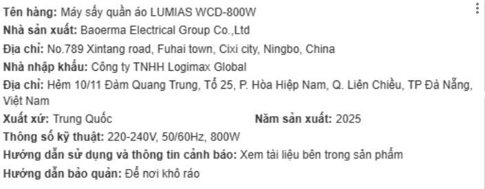 Máy sấy thông hơi LUMIAS 4 kg WCD-800W Màu Trắng - Đen