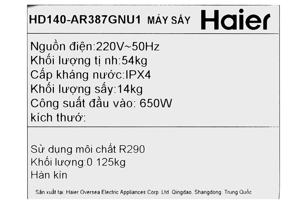 Máy sấy bơm nhiệt Haier 14 kg HD140-AR387GNU1 Màu Đen - Xám