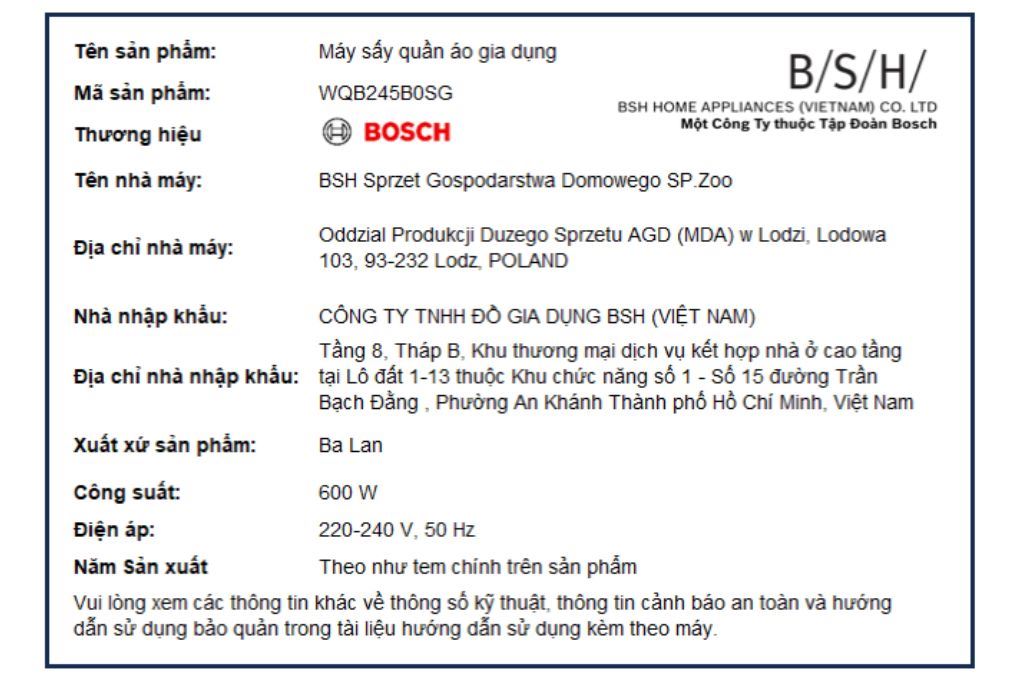 Máy sấy bơm nhiệt Bosch 9 kg WQB245B0SG Màu Trắng