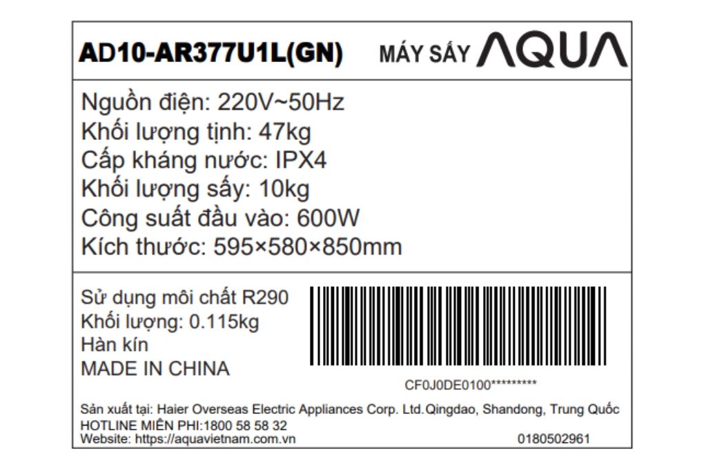Máy sấy bơm nhiệt Aqua 10 kg AD10-AR377U1L GN Màu Đen