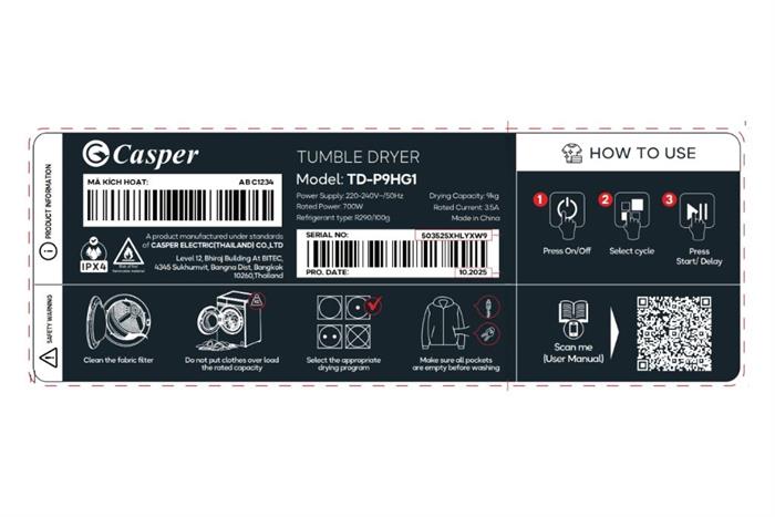 Máy sấy bơm nhiệt Casper 9 kg TD-P9HG1 Màu Xám