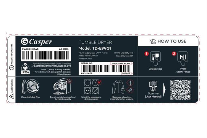 Máy sấy thông hơi Casper 9 kg TD-E9VG1 Màu Xám