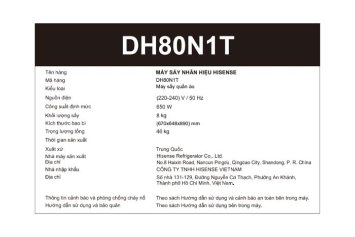 Máy sấy bơm nhiệt Hisense 8 kg DH80N1T Màu Đen