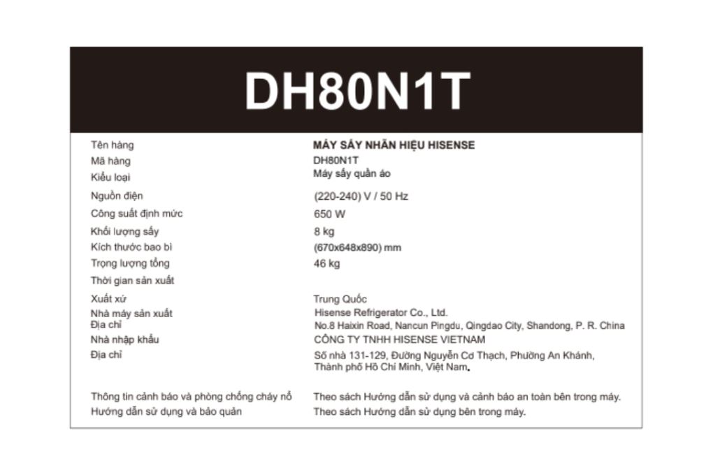 Máy sấy bơm nhiệt Hisense 8 kg DH80N1T Màu Đen