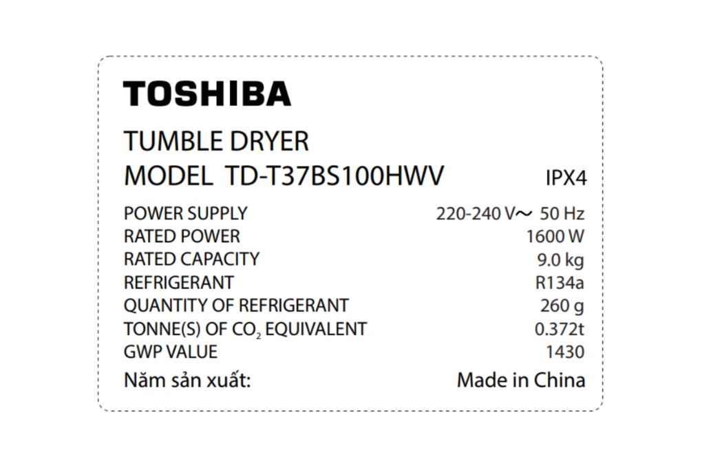 Máy sấy bơm nhiệt Toshiba 9 kg TD-T37BS100HWV(WT) Màu Trắng