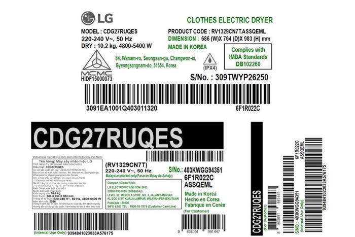 Máy sấy thông hơi công nghiệp LG 10.2 kg CDG27RUQES Màu Xám