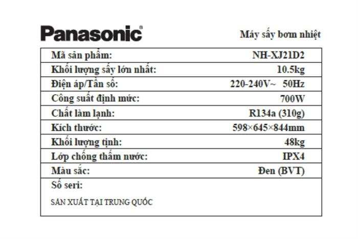Máy sấy bơm nhiệt Panasonic 10.5 kg NH-XJ21D2BVT Màu Đen