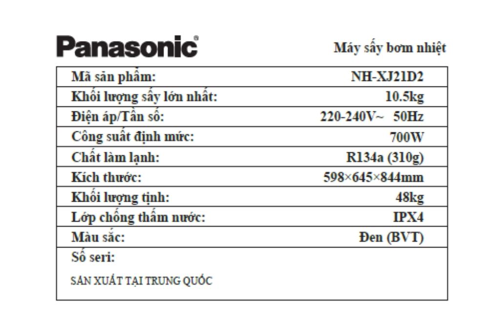 Máy sấy bơm nhiệt Panasonic 10.5 kg NH-XJ21D2BVT Màu Đen