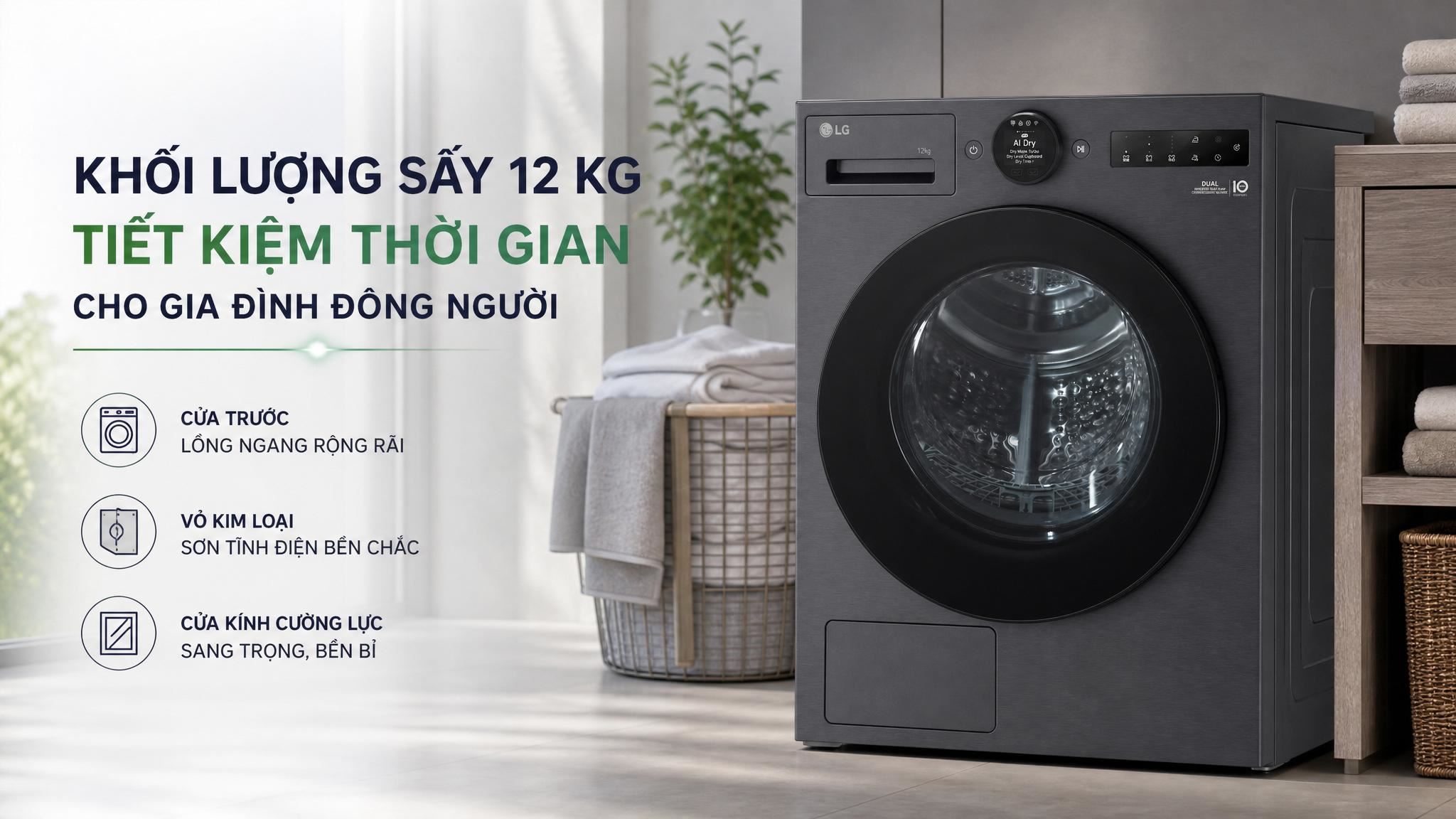 Máy sấy bơm nhiệt LG 12 kg RX12VHP3K Màu Đen