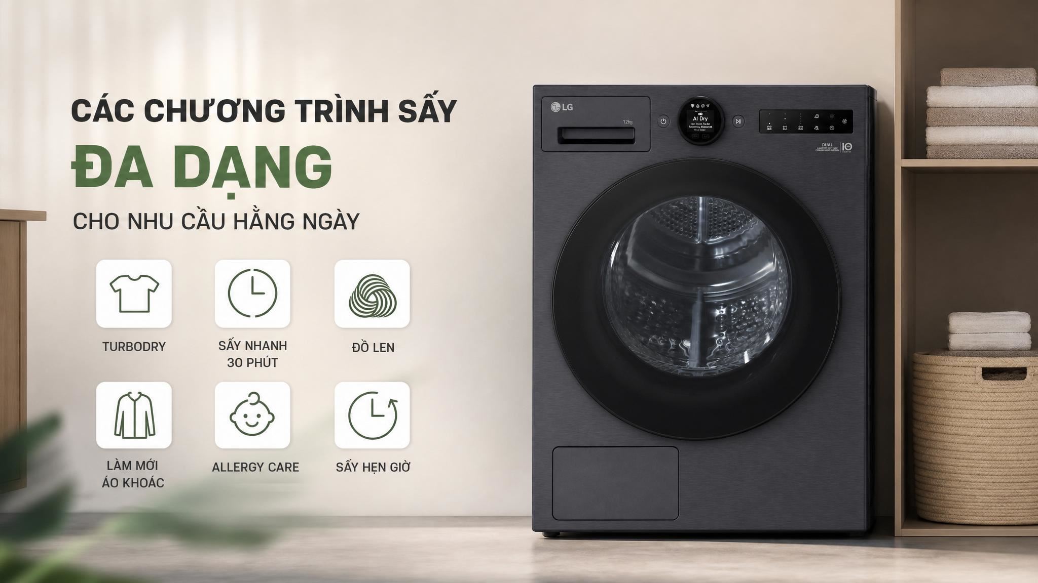 Máy sấy bơm nhiệt LG 12 kg RX12VHP3K Màu Đen