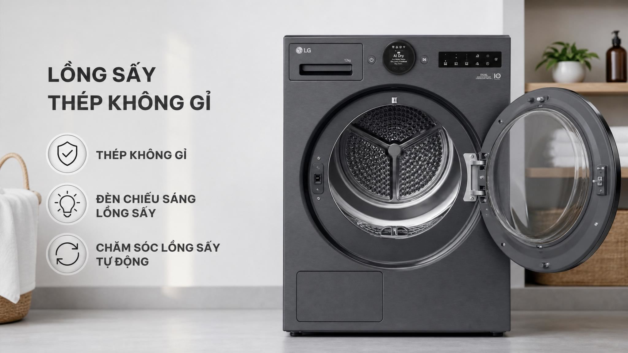 Máy sấy bơm nhiệt LG 12 kg RX12VHP3K Màu Đen