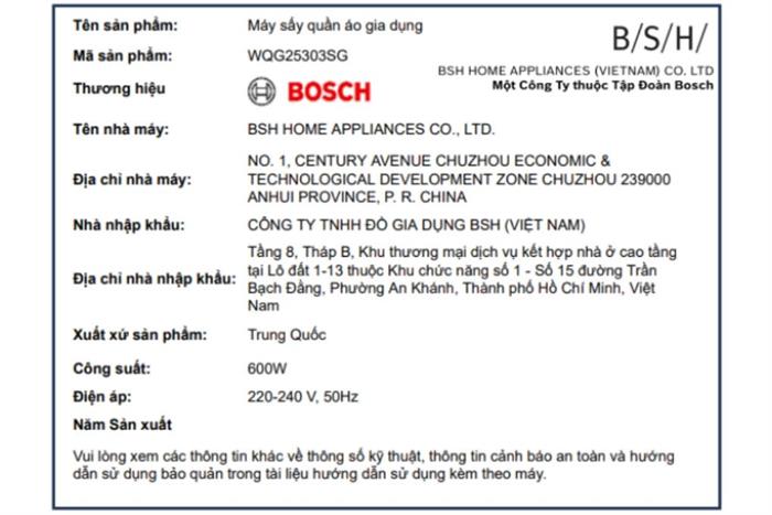 Máy sấy bơm nhiệt Bosch 10 kg WQG25303SG Màu Ghi đen