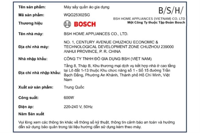 Máy sấy bơm nhiệt Bosch 10 kg WQG25302SG Màu Trắng