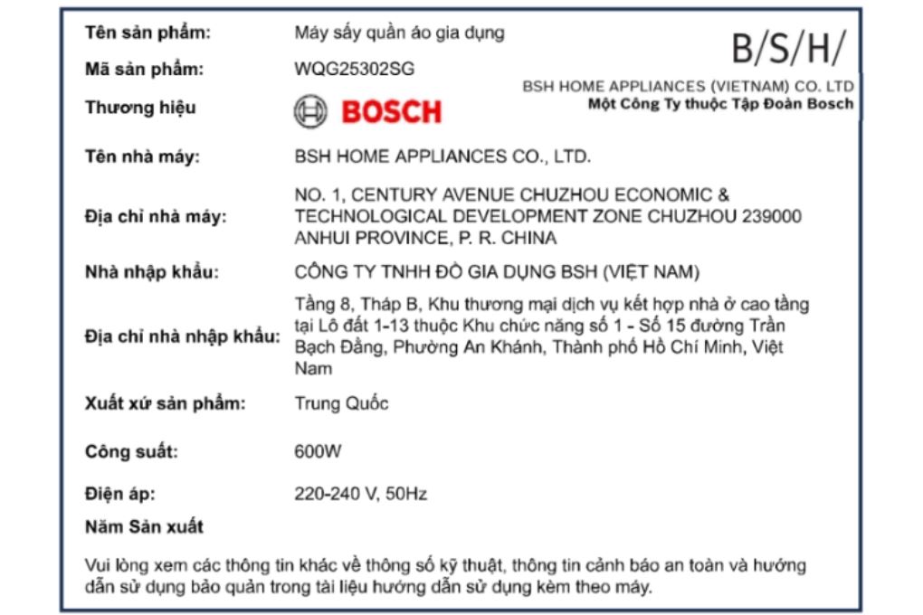 Máy sấy bơm nhiệt Bosch 10 kg WQG25302SG Màu Trắng