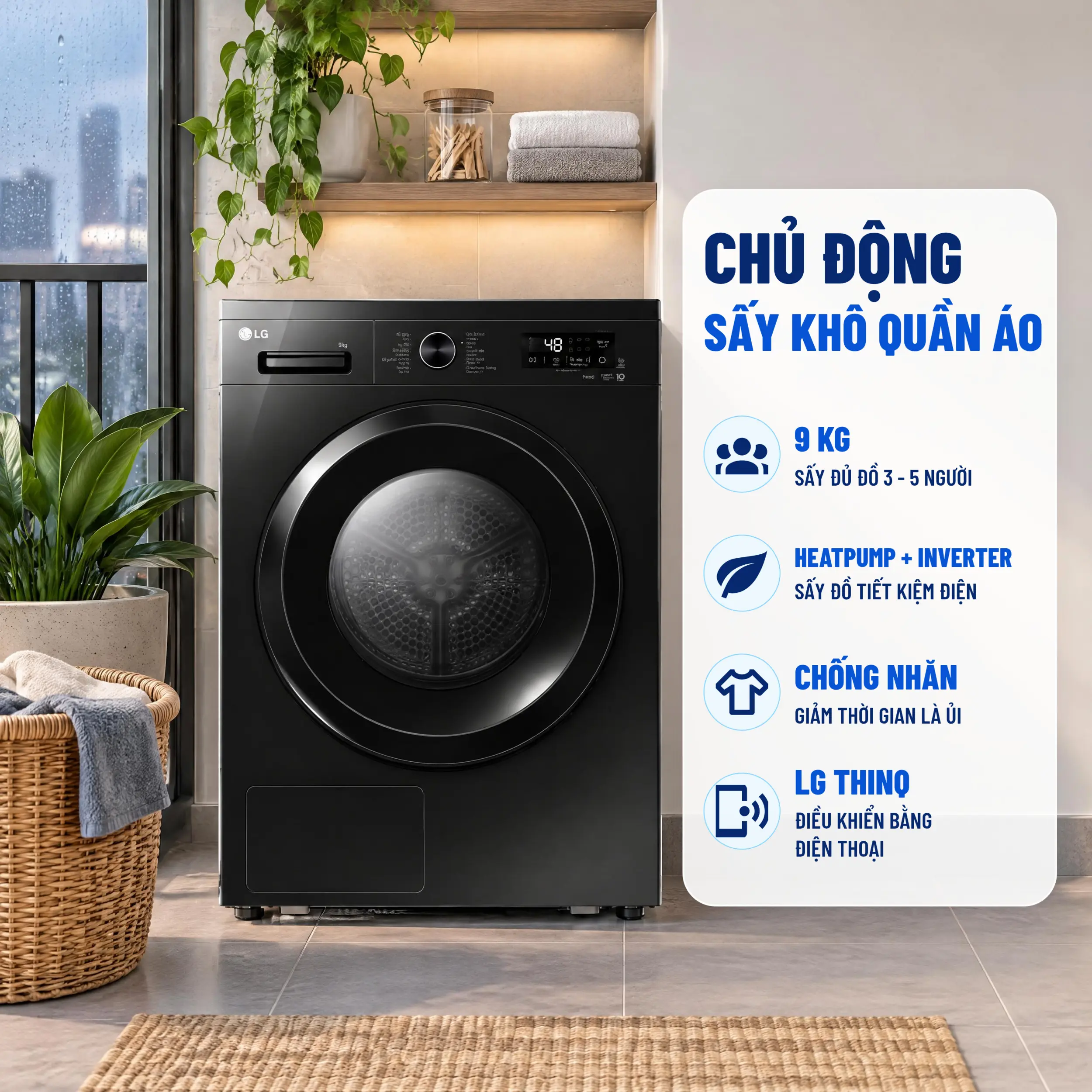 Máy sấy bơm nhiệt LG 9 Kg RB09NHP5O Màu Đen