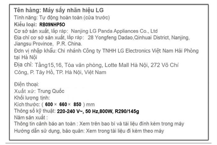 Máy sấy bơm nhiệt LG 9 Kg RB09NHP5O Màu Đen