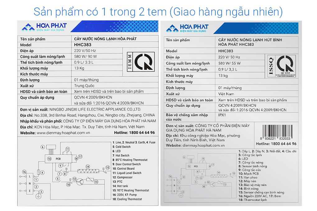 Cây nước nóng lạnh Hòa Phát HHC383 670W Màu Trắng