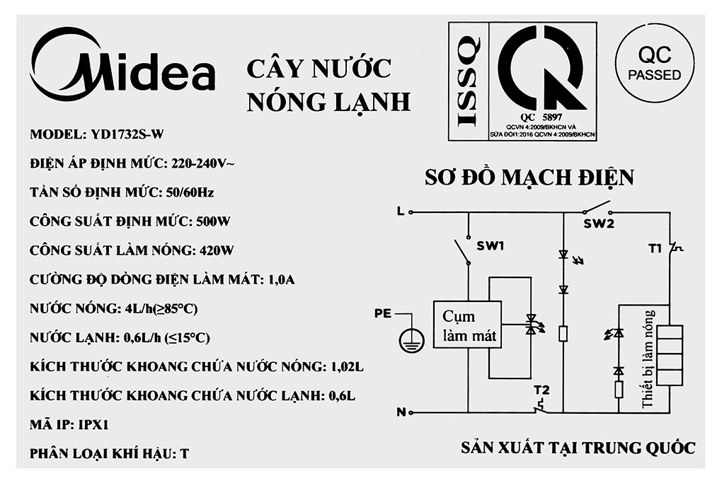 Cây nước nóng lạnh Midea YD1732S-W 500W Màu Trắng