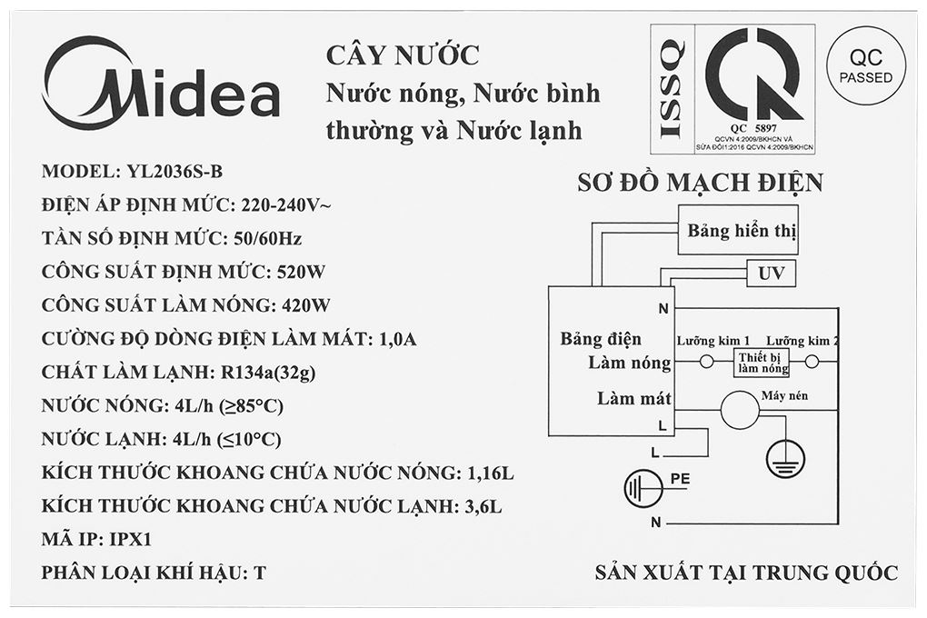 Cây nước nóng lạnh Midea YL2036S-B 520W Màu Đen