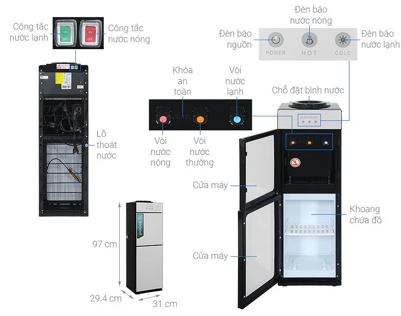 Cây nước nóng lạnh Sunhouse SHD9635 670W