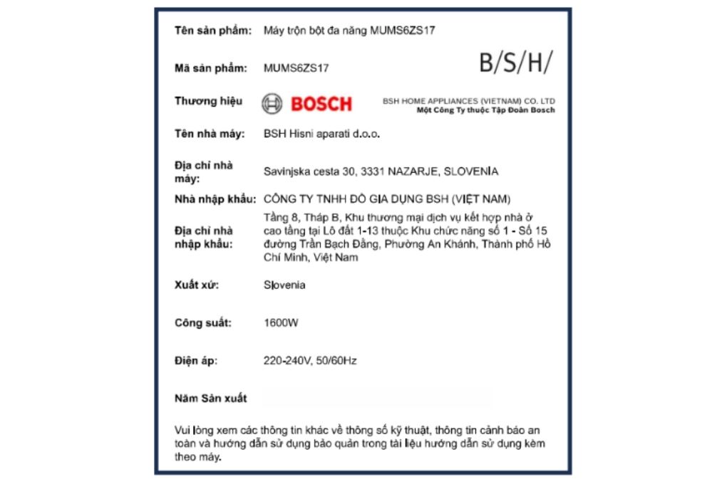 Máy nhồi bột đánh trứng Bosch MUMS6ZS17