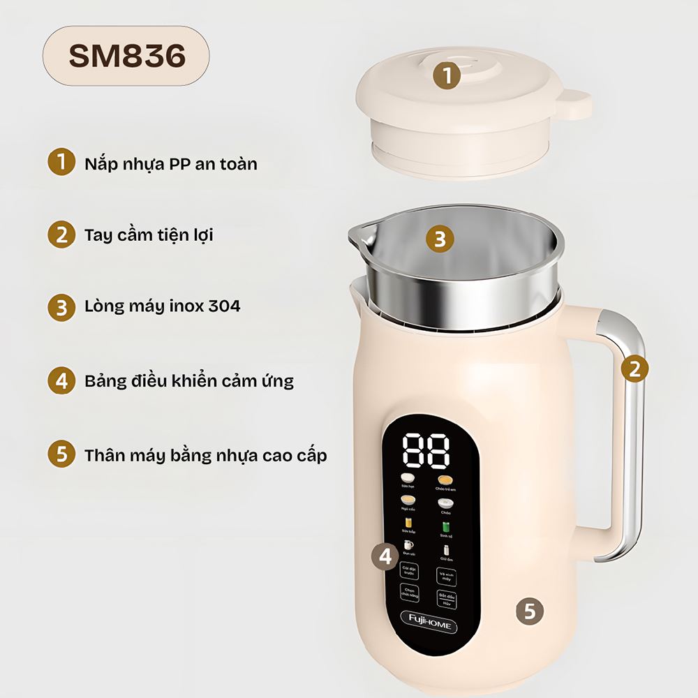 Máy làm sữa hạt đa năng Fujihome SM836 Màu Màu be