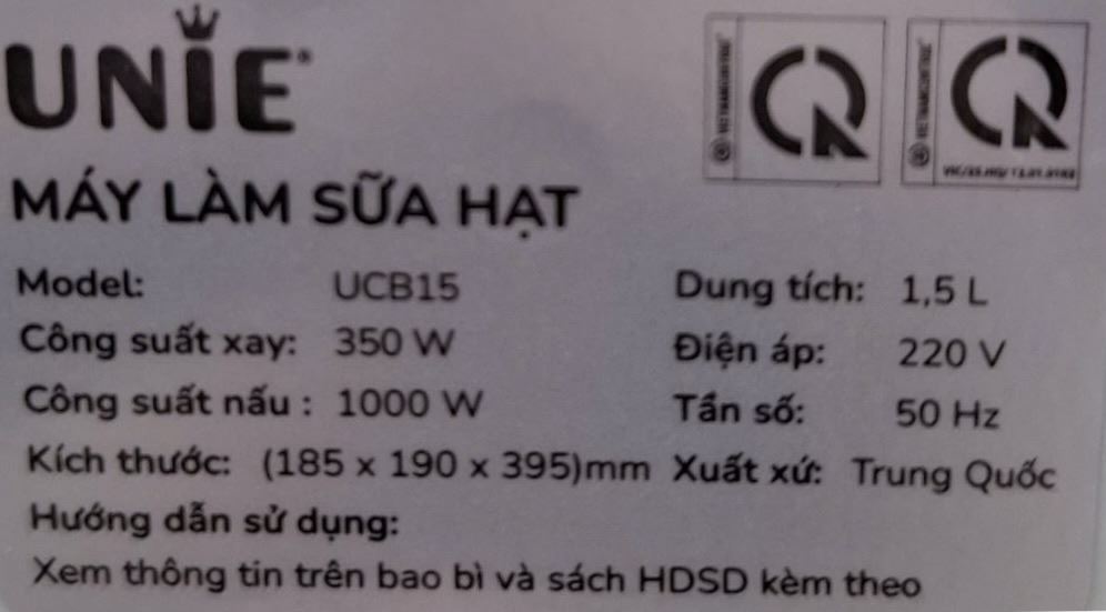 Máy làm sữa hạt đa năng Unie UCB15 Màu Màu be