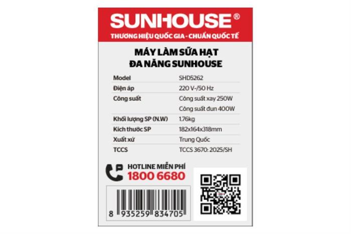 Máy làm sữa hạt đa năng Sunhouse SHD5262 Màu Trắng