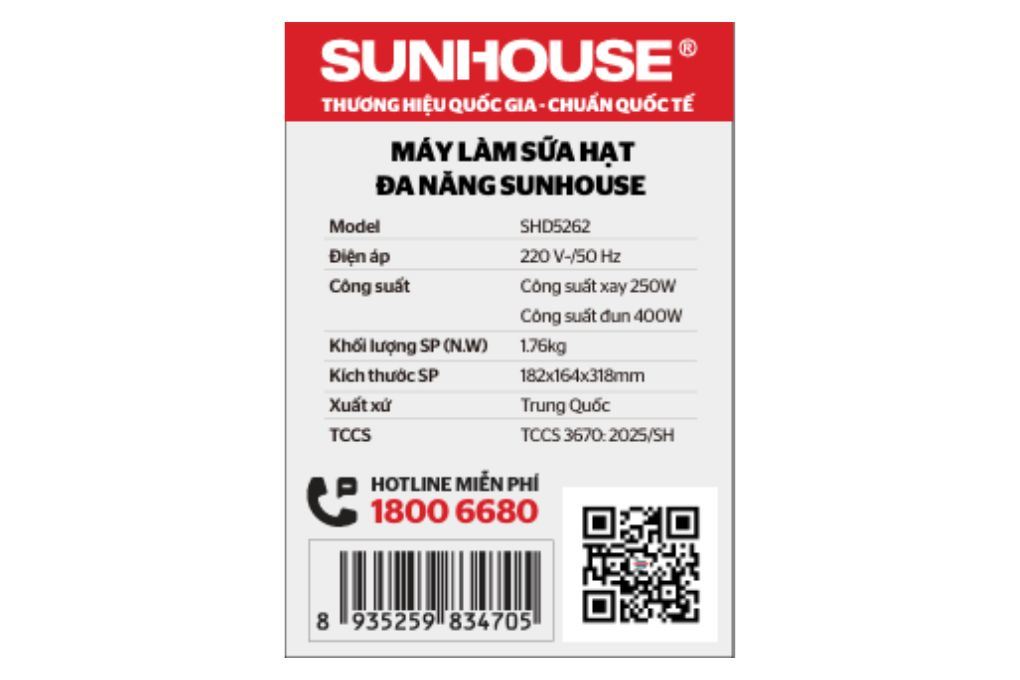 Máy làm sữa hạt đa năng Sunhouse SHD5262 Màu Trắng