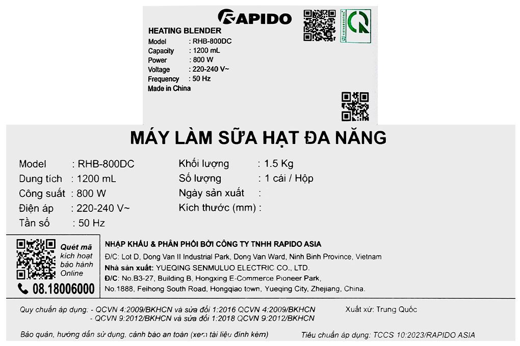 Máy làm sữa hạt đa năng Rapido RHB-800DC Màu Xanh lá