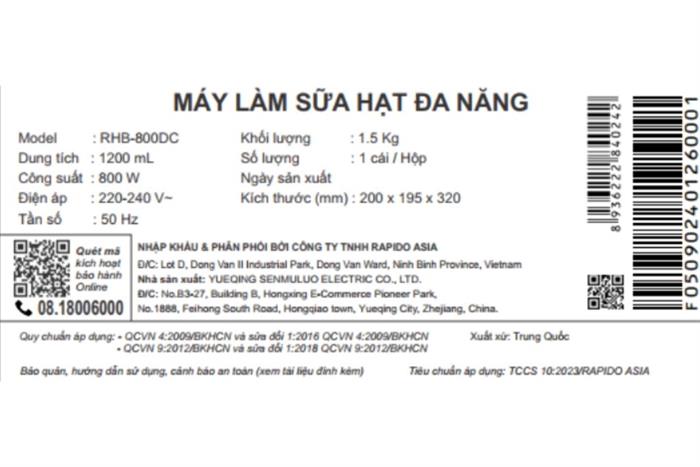 Máy làm sữa hạt đa năng Rapido RHB-800DC Màu Xanh lá