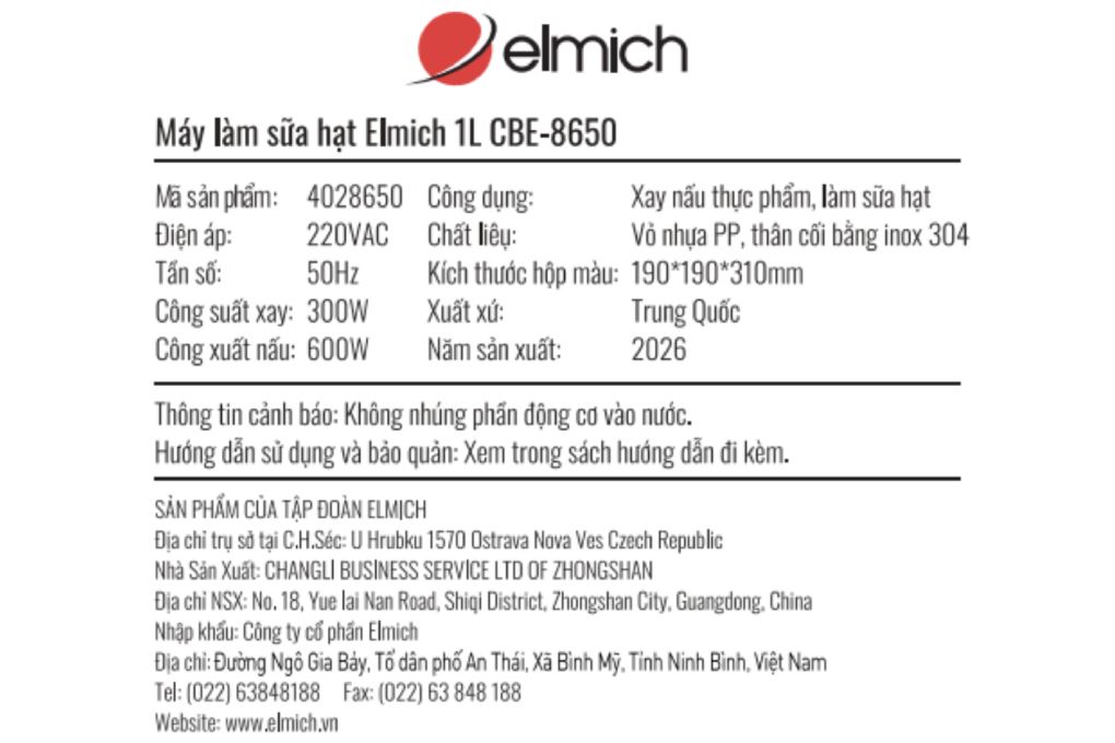 Máy làm sữa hạt Elmich CBE-8650 Màu Màu be
