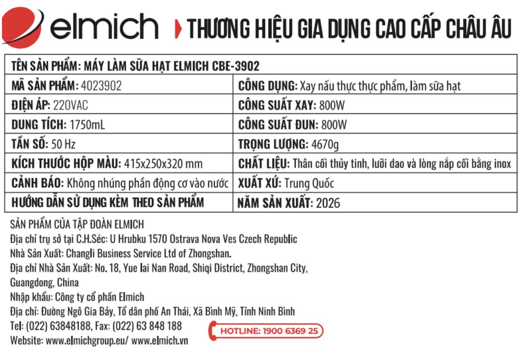 Máy làm sữa hạt đa năng Elmich CBE-3902 Màu Xám