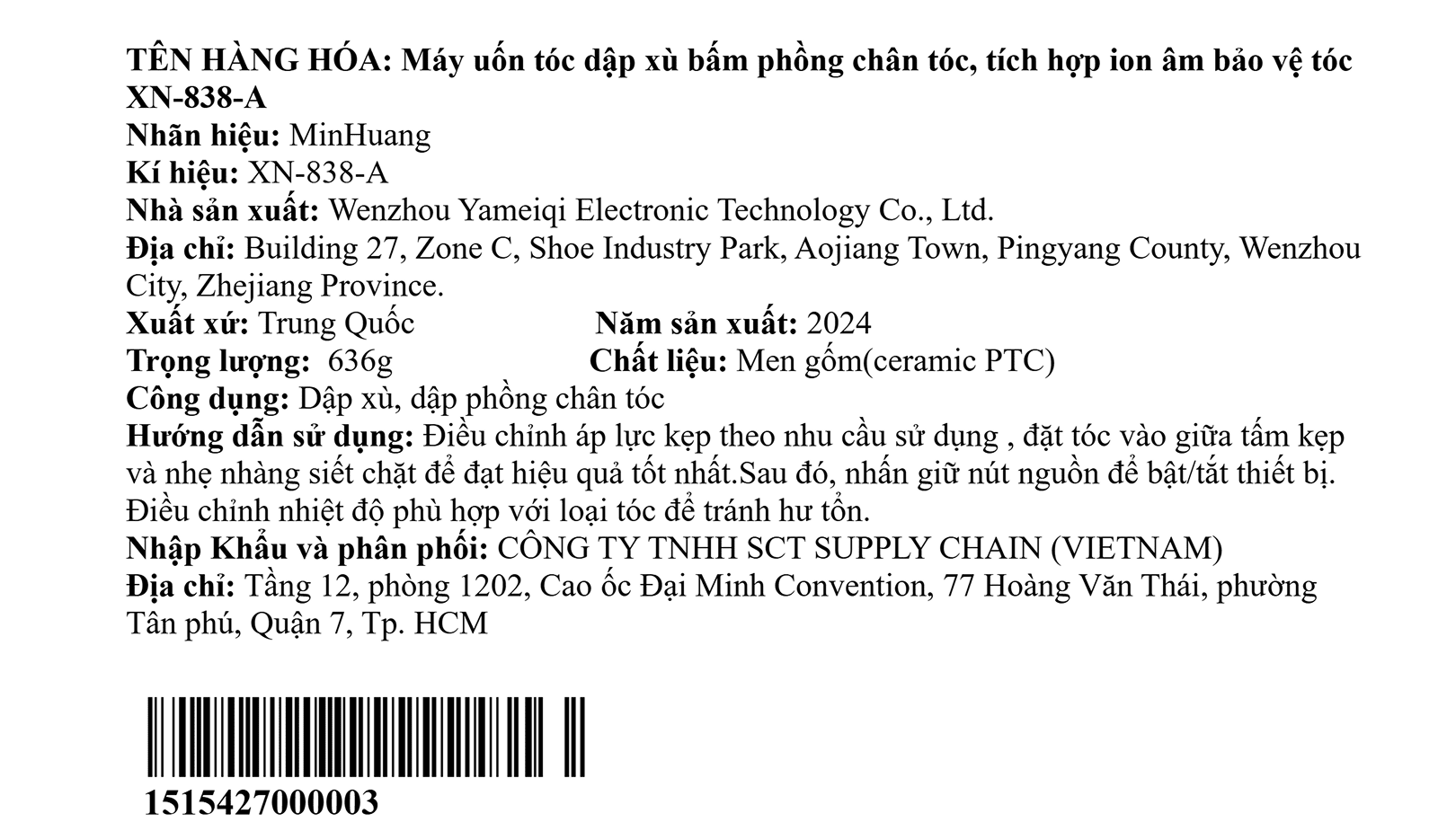 Máy uốn tóc dập xù MinHuang XN-838-A Màu Tím