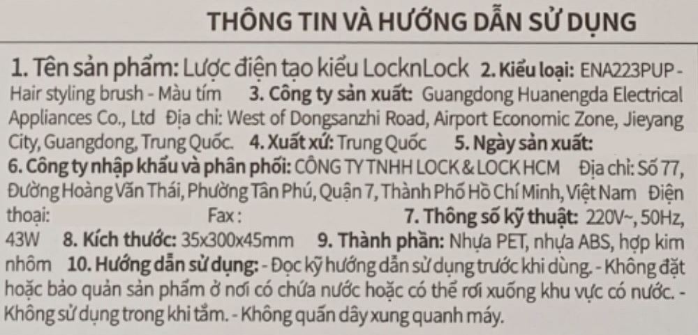 Lược điện chải tóc Lock&Lock ENA223PUP Màu Tím