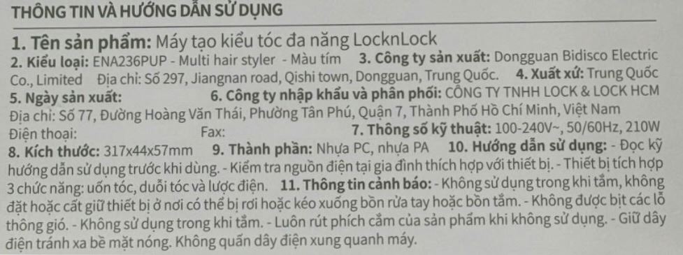 Máy tạo kiểu tóc Lock&Lock ENA236PUP Màu Tím