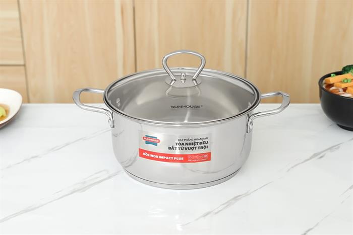 Nồi inox 5 đáy nắp kính 20 cm Sunhouse SHG788-20 Màu Bạc Inox