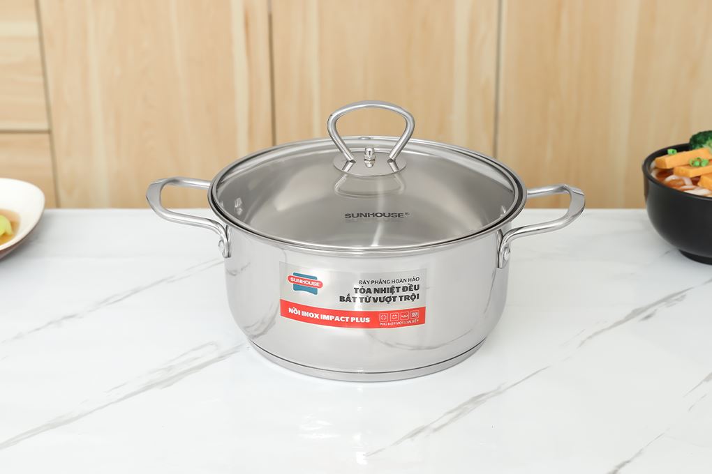 Nồi inox 5 đáy nắp kính 20 cm Sunhouse SHG788-20 Màu Bạc Inox